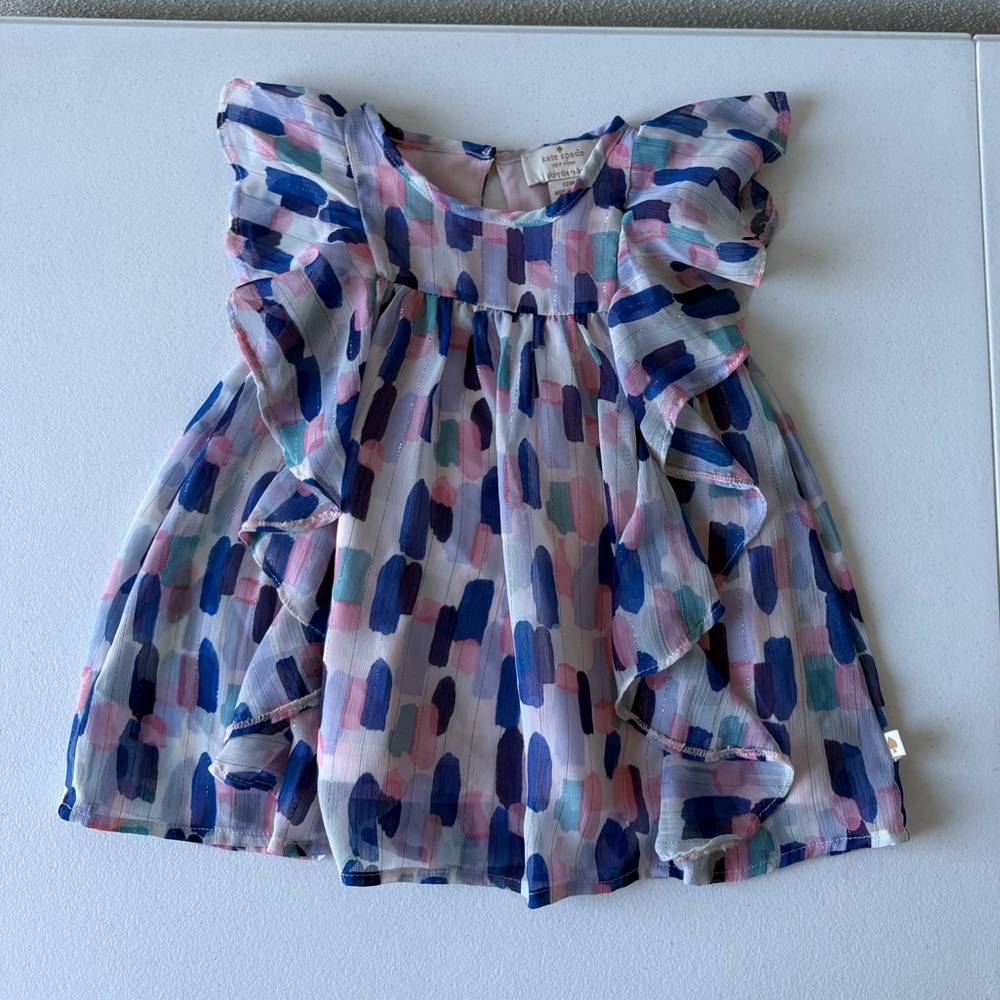 Kate‎ Spade Brushstroke Baby Dress 12 Months Cascading Ruffles Pinks & Blues